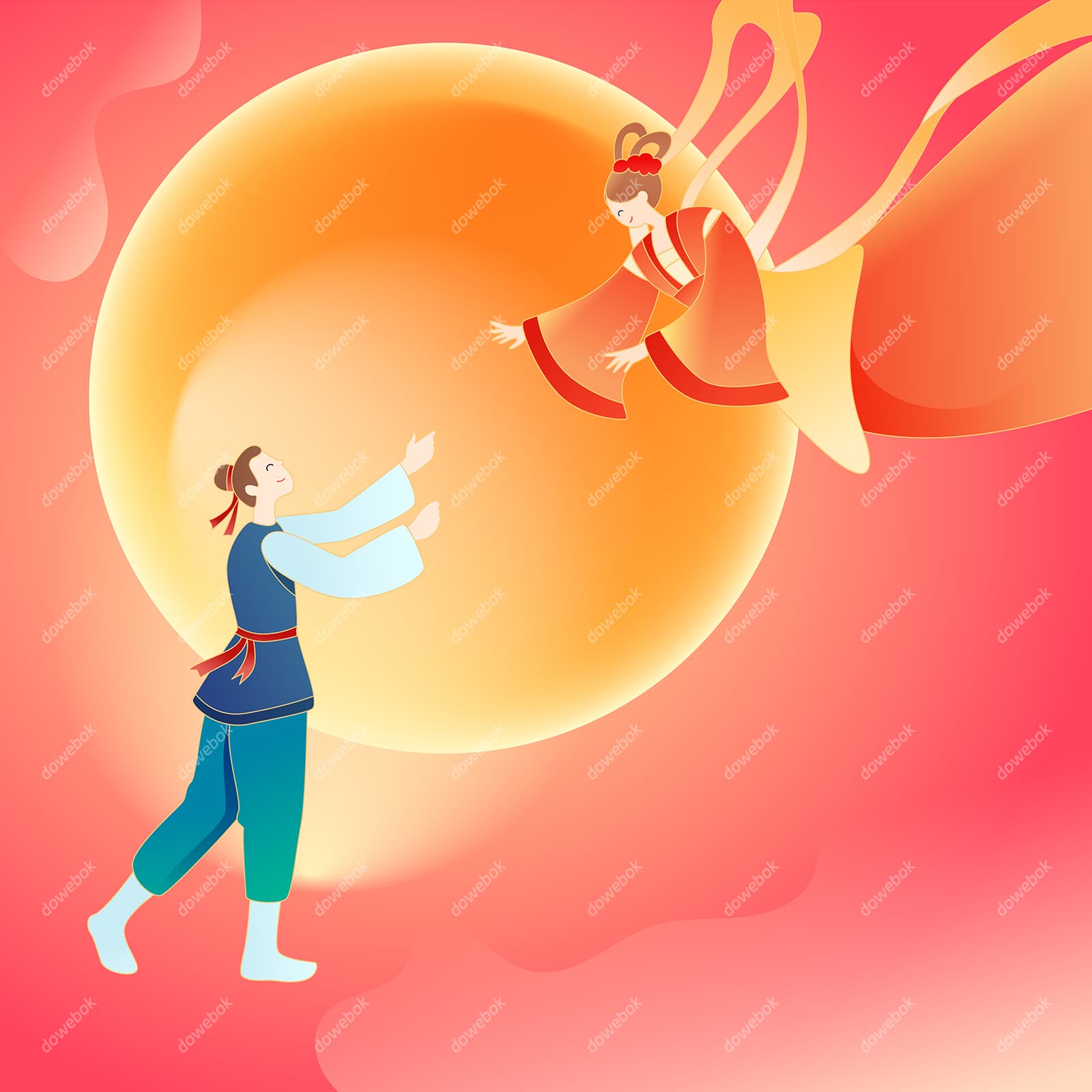 月下相会的牛郎织女七夕节矢量素材(EPS)