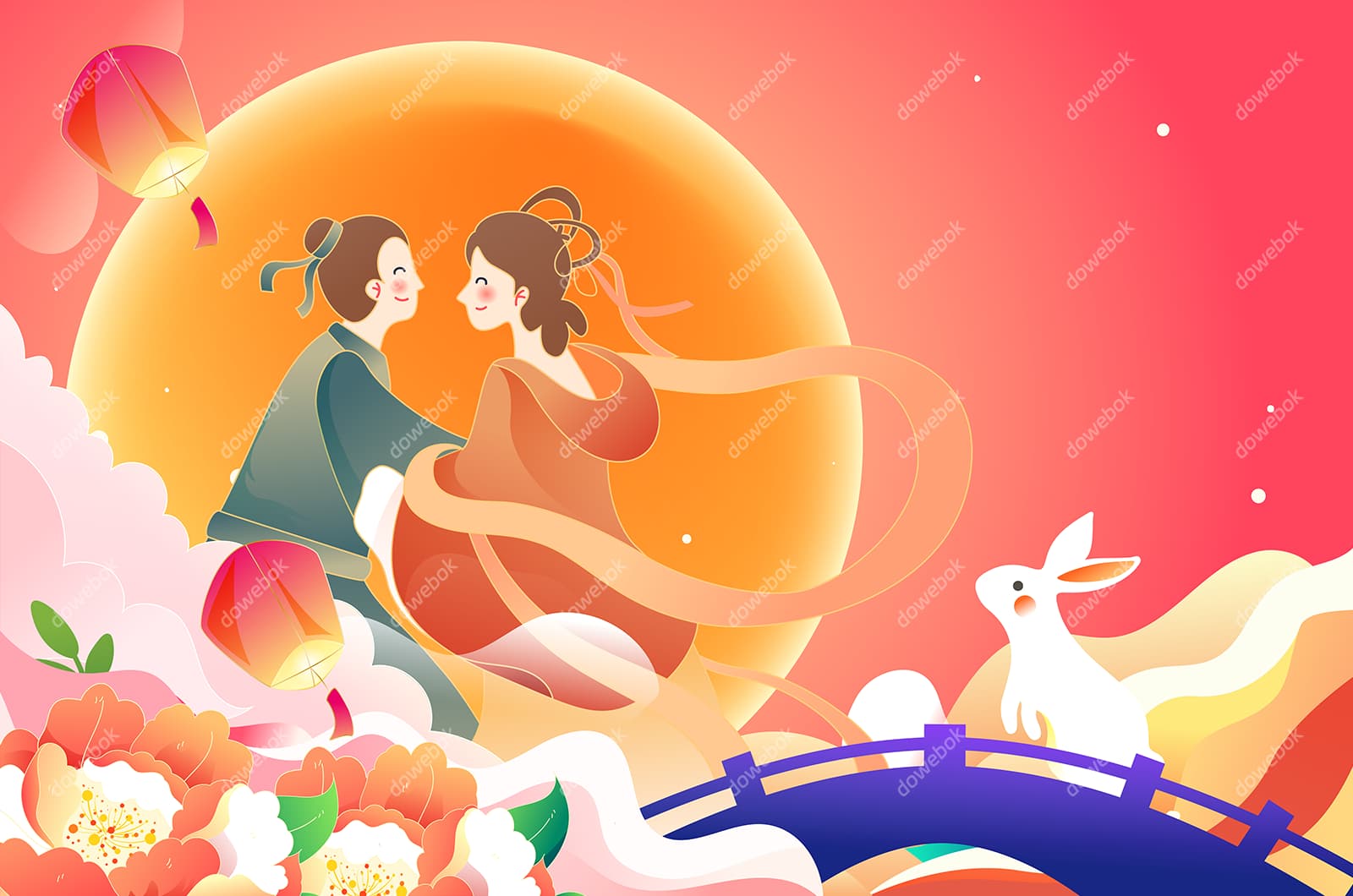 月下相会的牛郎织女七夕节背景/壁纸矢量素材(EPS)