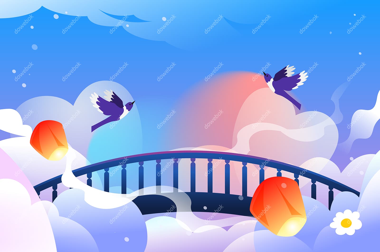拱桥上的两只喜鹊七夕节背景/壁纸矢量素材(EPS)