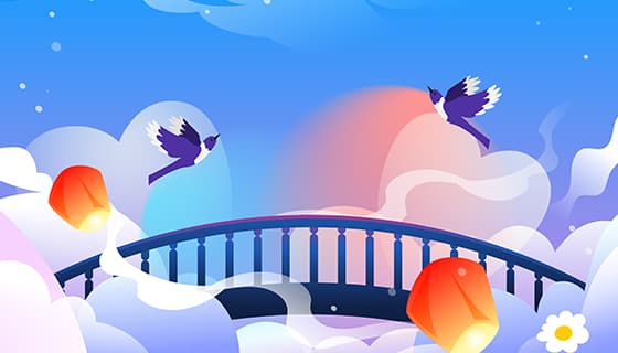 拱桥上的两只喜鹊七夕节背景/壁纸矢量素材(EPS)