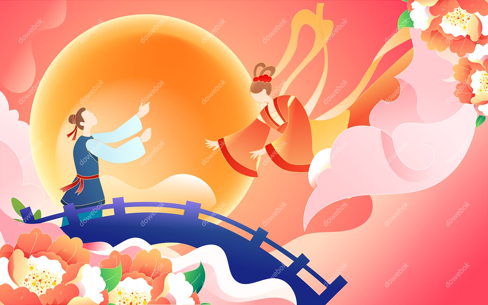 拱桥上相会的牛郎织女七夕节背景/壁纸矢量素材(EPS)