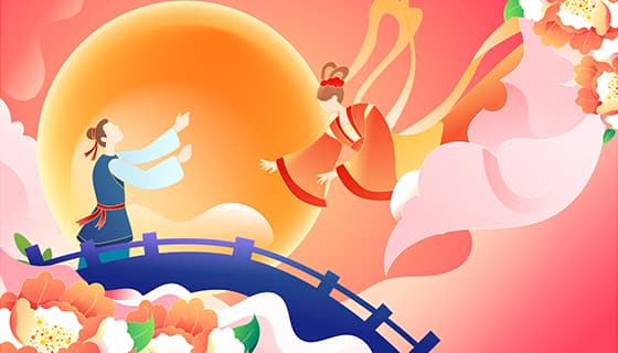 拱桥上相会的牛郎织女七夕节背景/壁纸矢量素材(EPS)