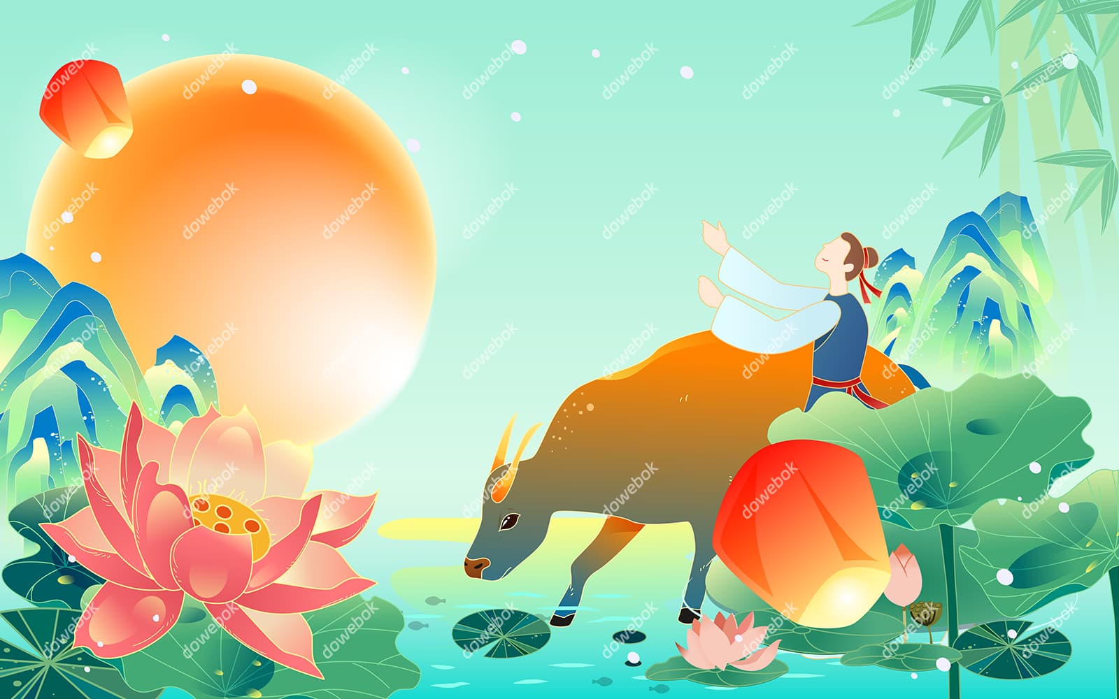 期盼与织女相会的牛郎七夕节背景/壁纸矢量素材(EPS)