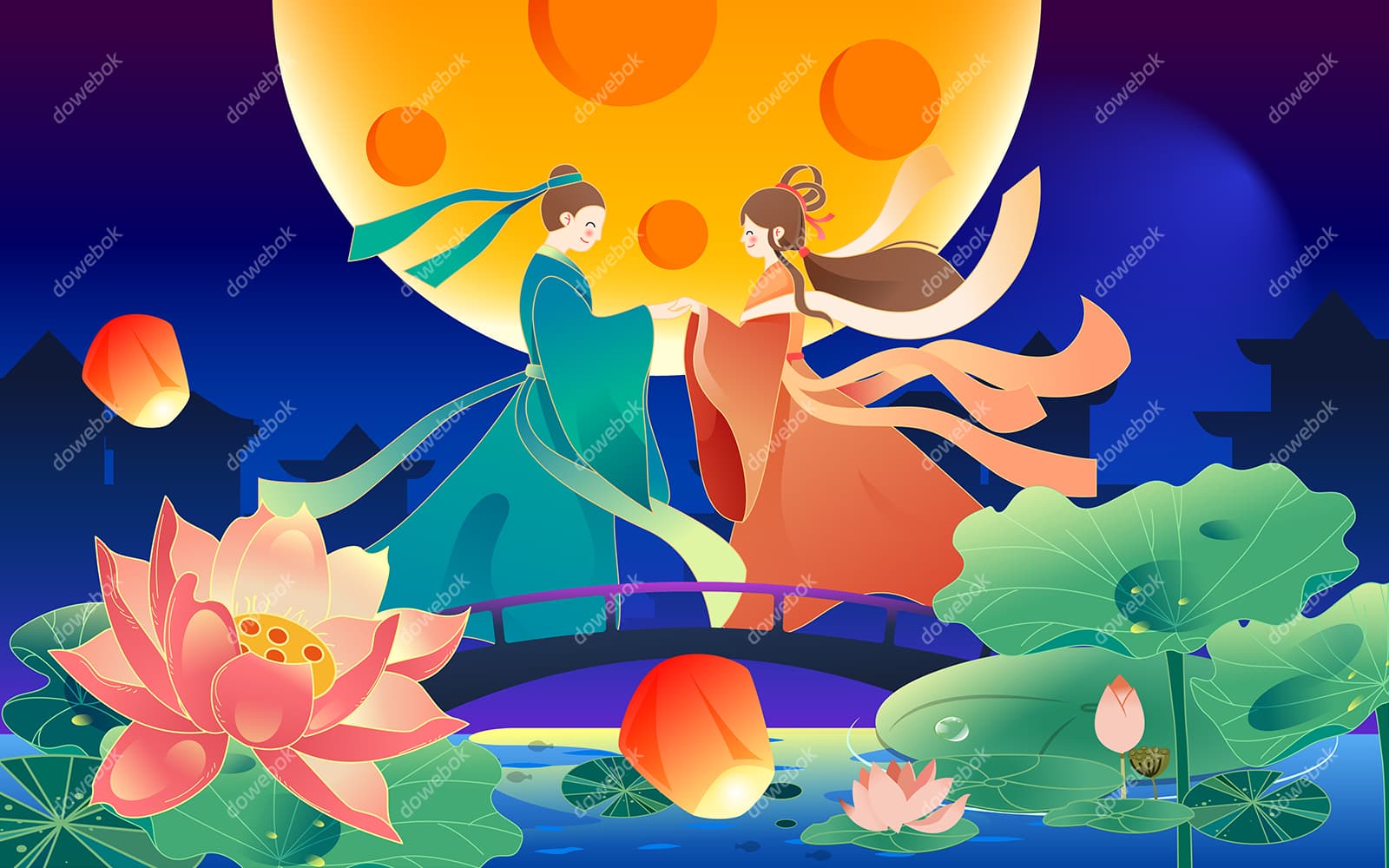 荷塘拱桥上相会的牛郎织女七夕节背景/壁纸矢量素材(EPS)