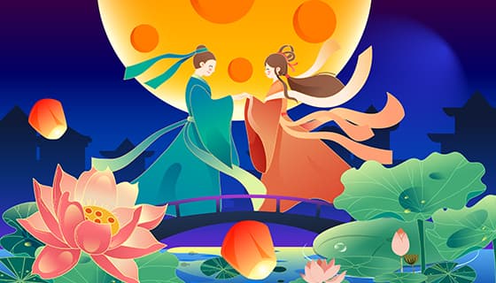 荷塘拱桥上相会的牛郎织女七夕节背景/壁纸矢量素材(EPS)