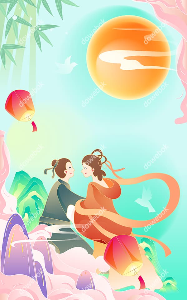 月下相会的牛郎织女七夕节海报矢量素材(EPS)