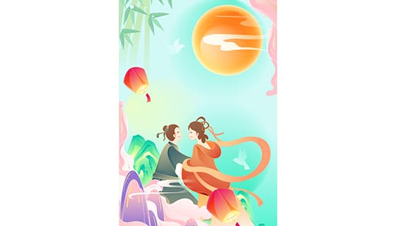 月下相会的牛郎织女七夕节海报矢量素材(EPS)