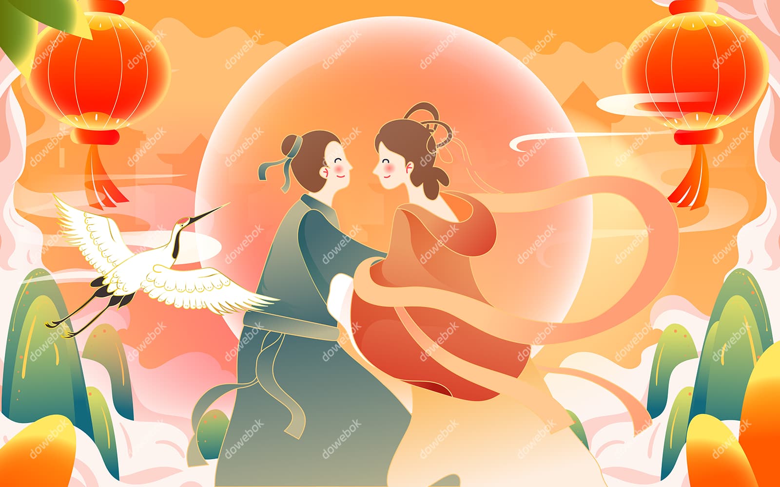 月下相会的牛郎织女七夕节背景/壁纸矢量素材(EPS)