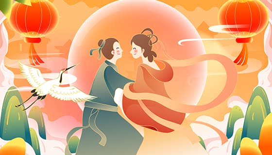 月下相会的牛郎织女七夕节背景/壁纸矢量素材(EPS)