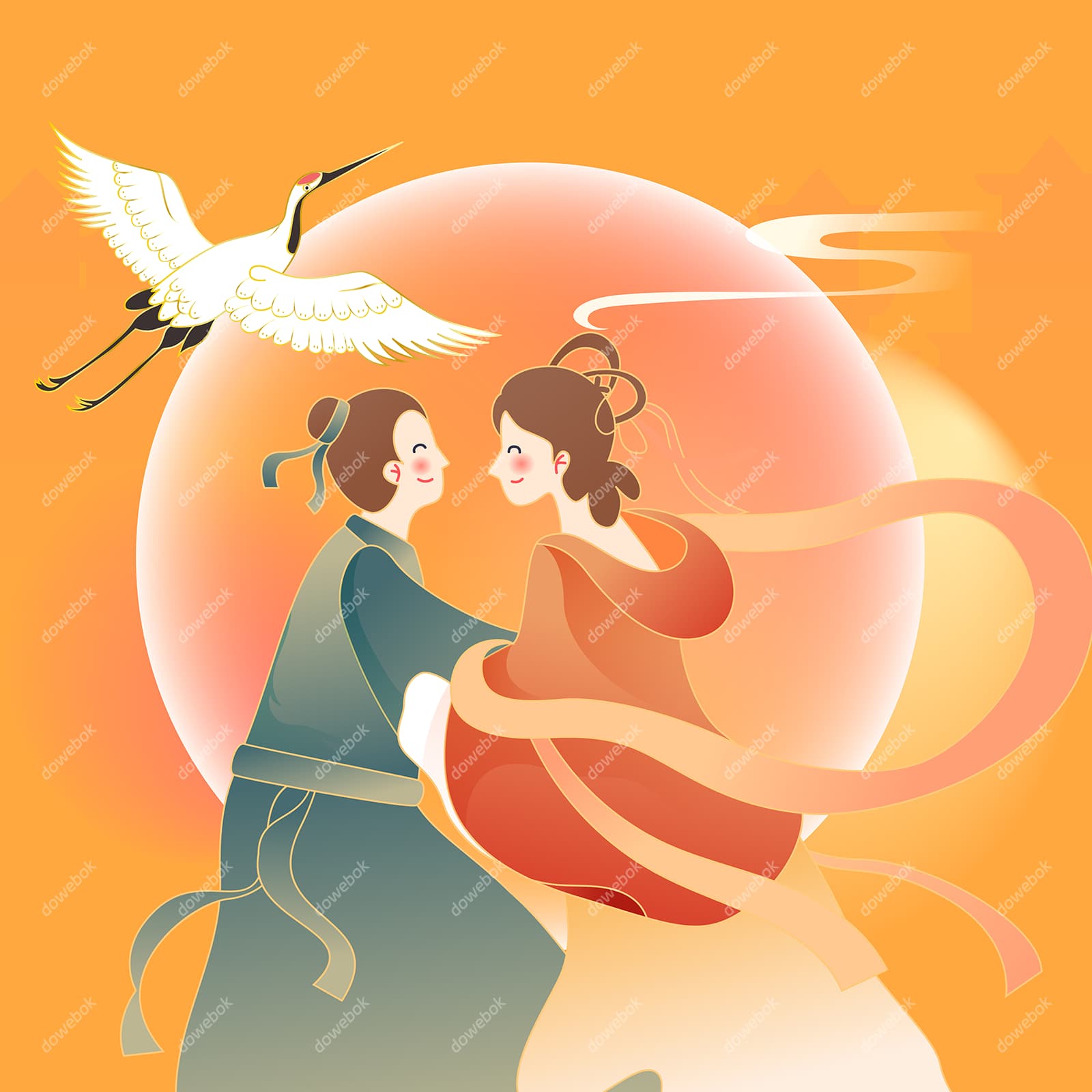 月下相会的牛郎织女七夕节矢量素材(EPS)