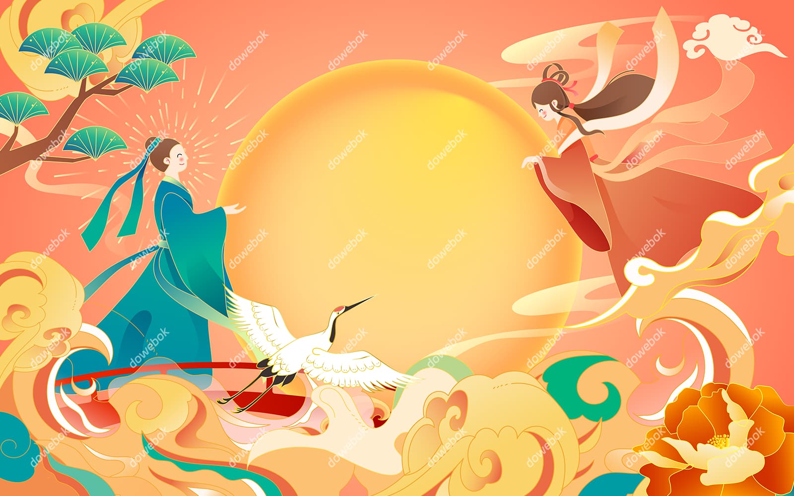 月亮上相会的牛郎织女七夕节背景/壁纸矢量素材(EPS)