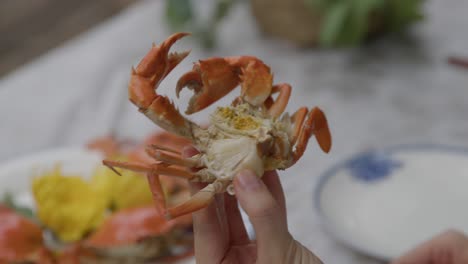 手里拿着一个剥开的大闸蟹