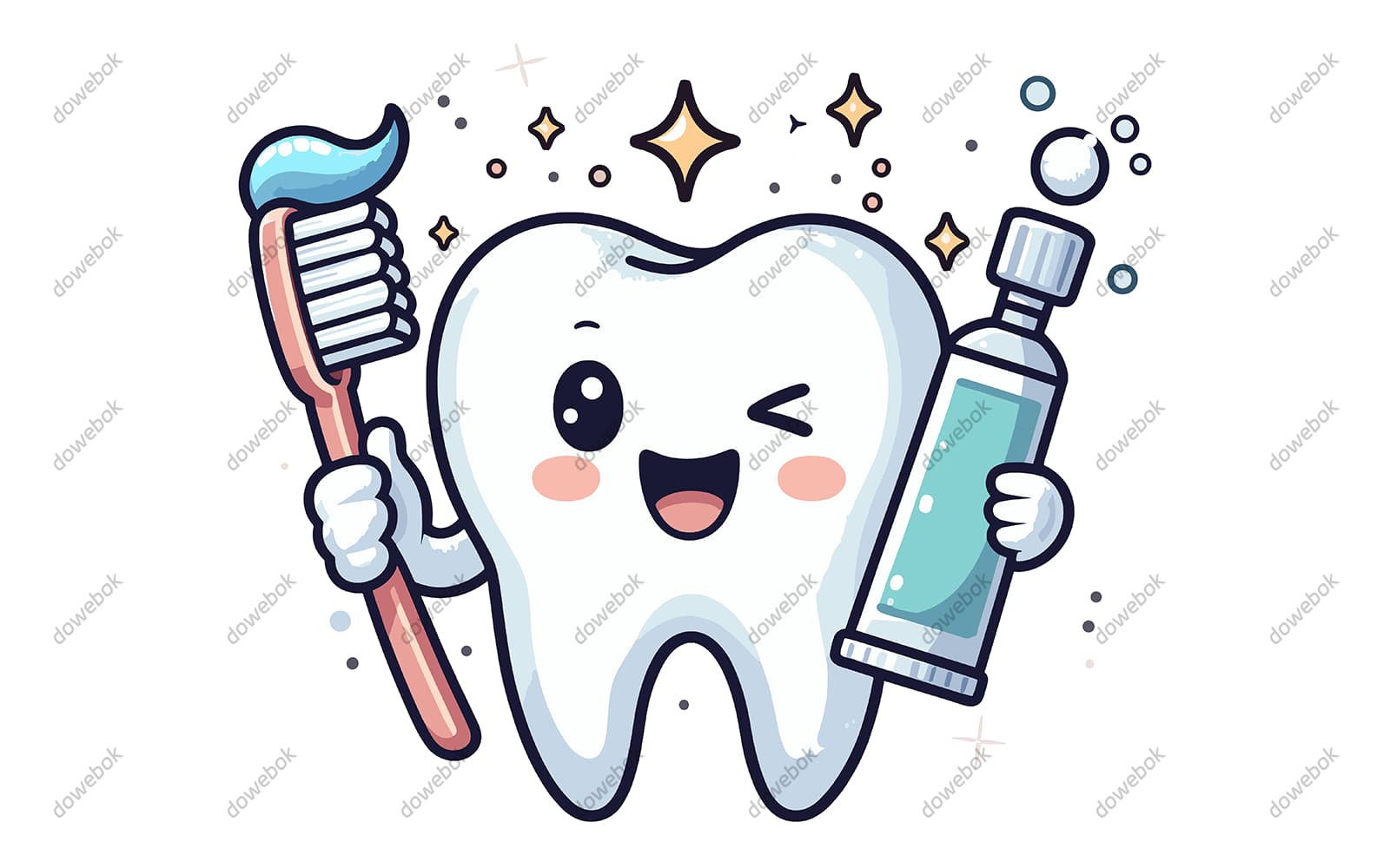 拿着牙刷和牙膏眯眼笑的牙齿矢量素材(EPS)