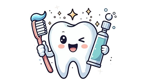 拿着牙刷和牙膏眯眼笑的牙齿矢量素材(EPS)