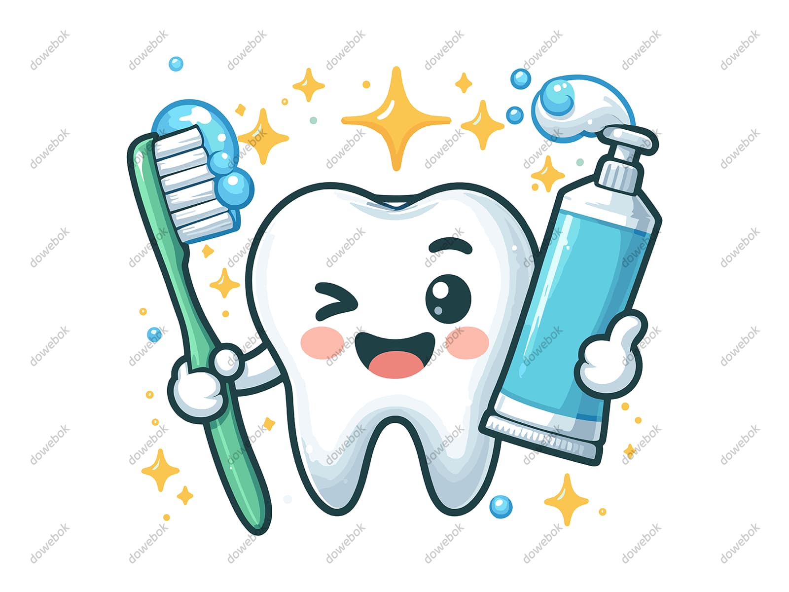 拿着牙刷和牙膏眯眼笑的牙齿矢量素材(EPS)
