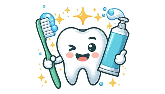 拿着牙刷和牙膏眯眼笑的牙齿矢量素材(EPS)