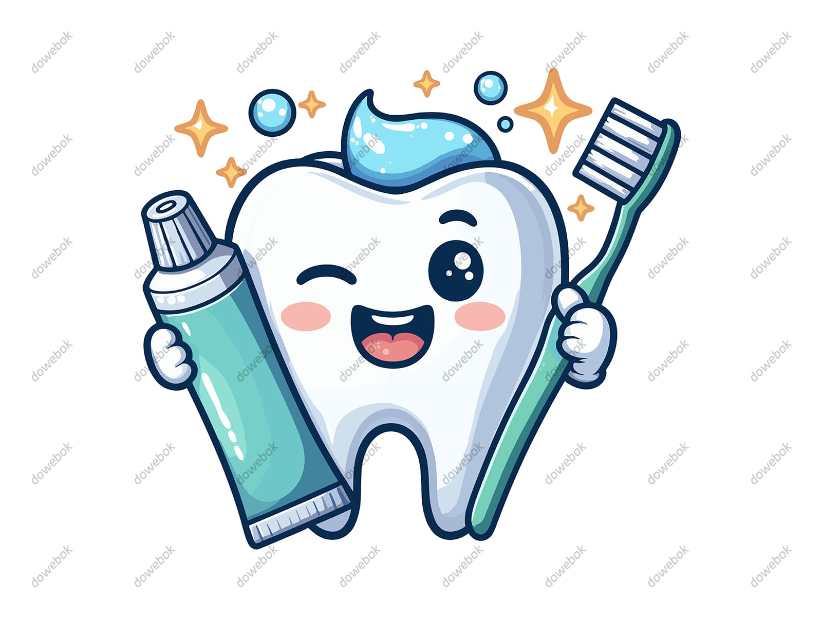 拿着牙刷和牙膏眯眼笑的牙齿矢量素材(EPS)