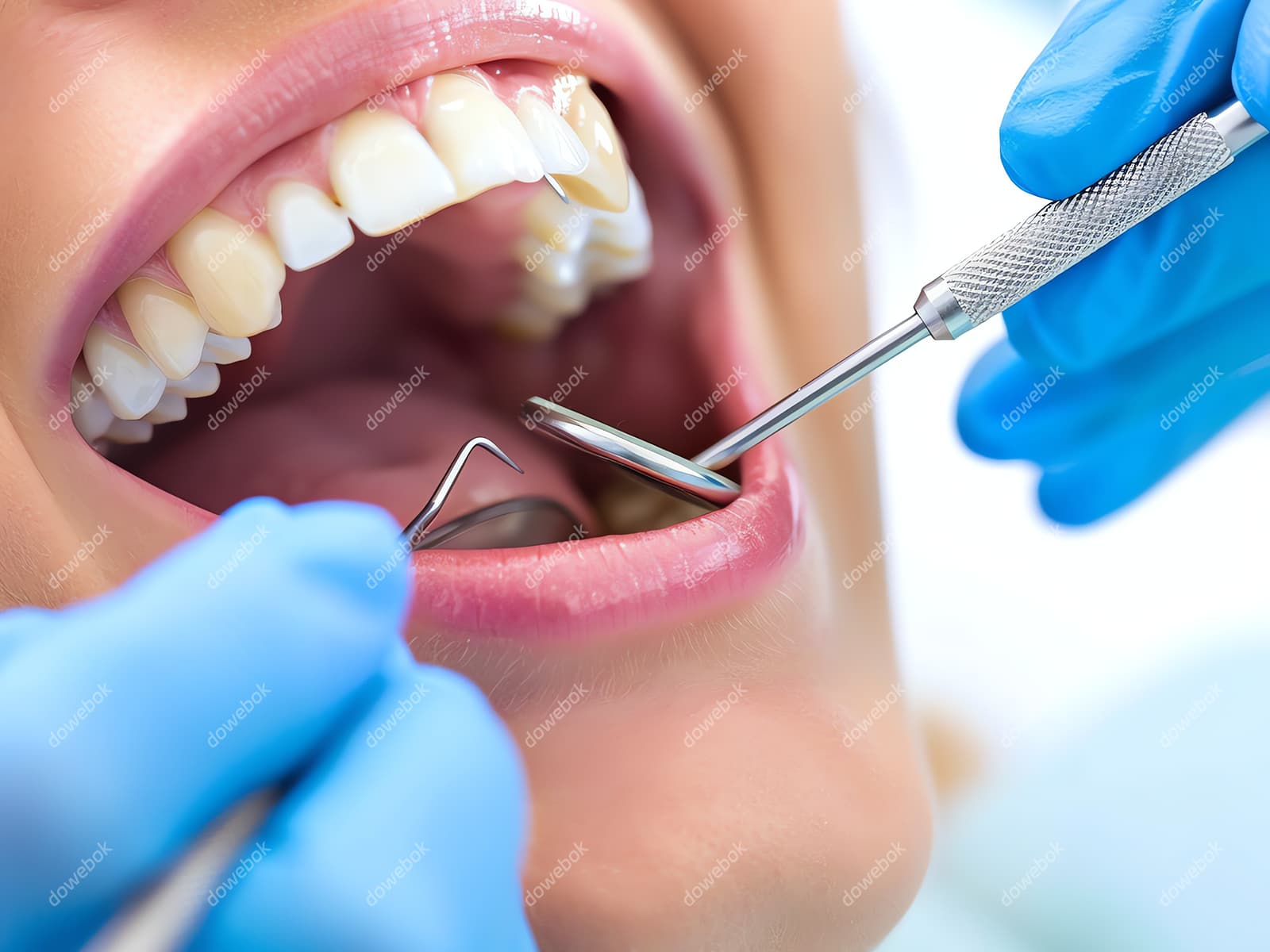牙医给年轻女士检查牙齿图片素材(JPG)