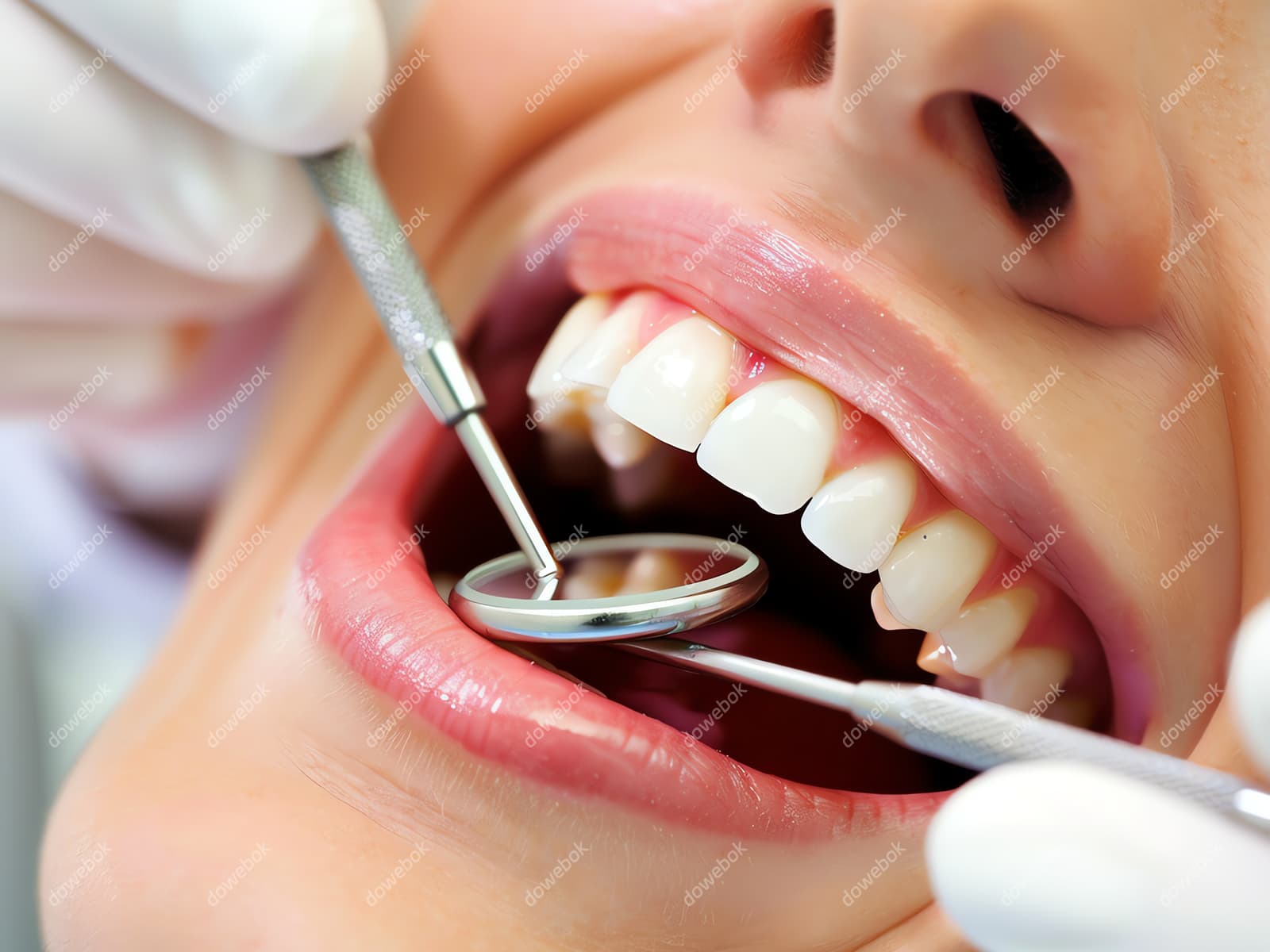 牙医给年轻女士检查牙齿图片素材(JPG)