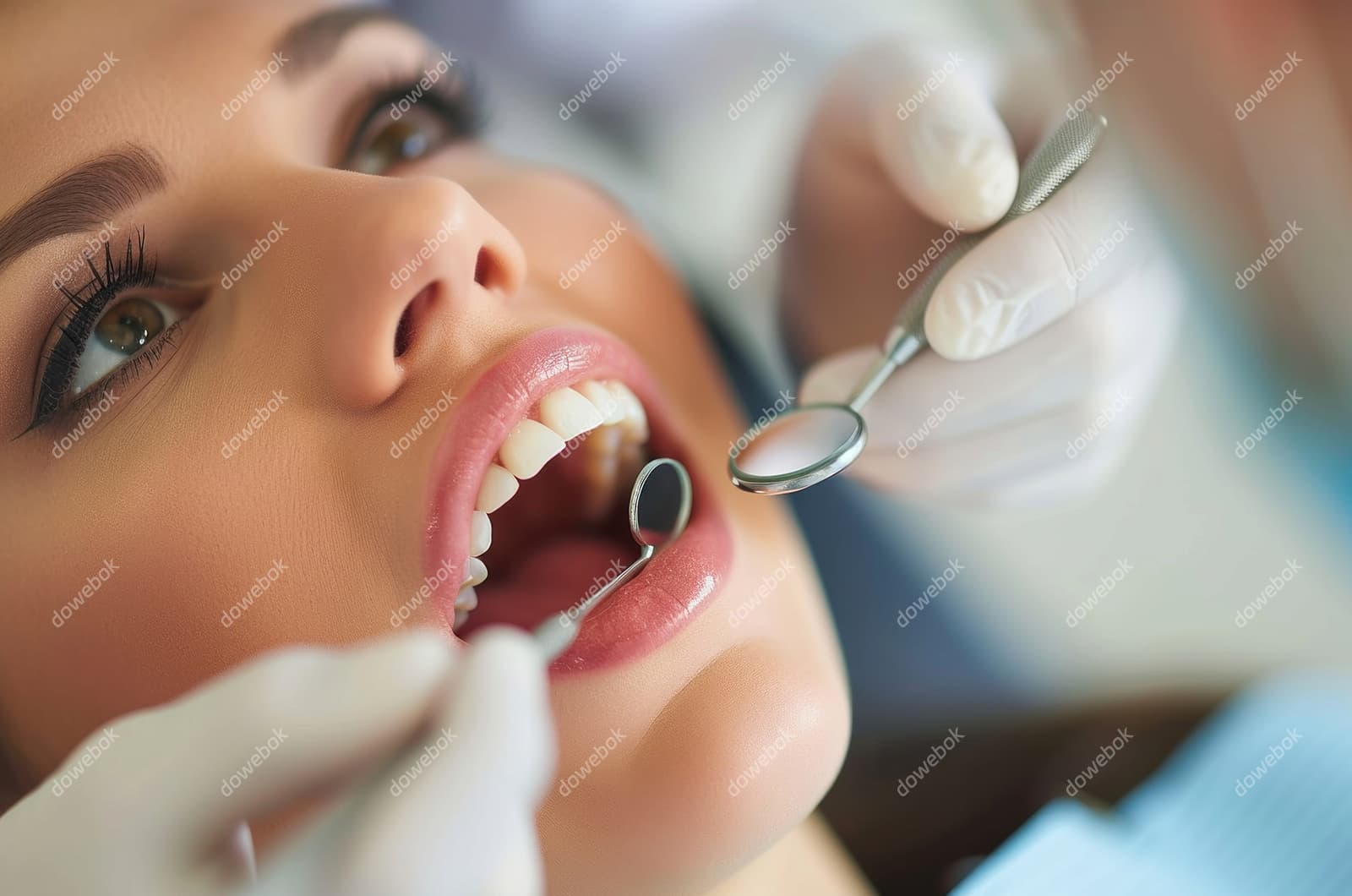 牙医给年轻女士检查牙齿图片素材(JPG)