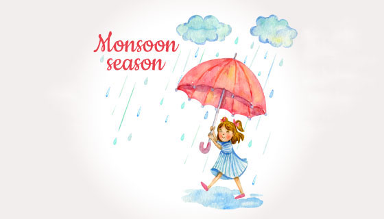 水彩女孩撑伞雨季背景矢量素材(EPS/AI/PNG)