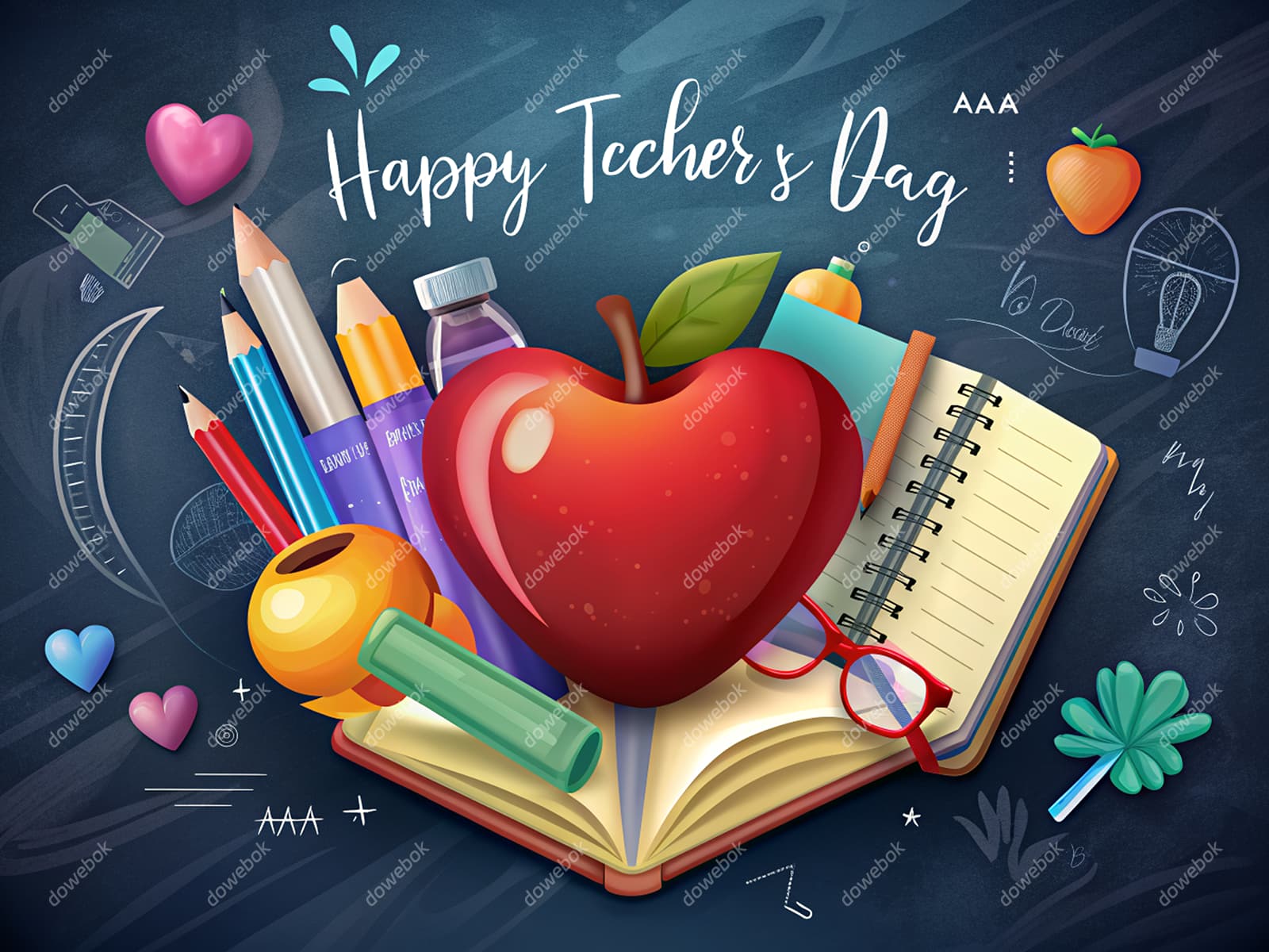 爱心苹果铅笔书本等设计教师节快乐图片素材(JPG)