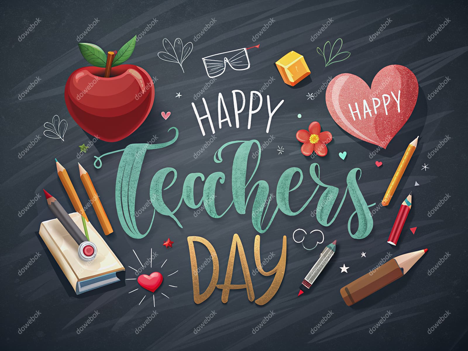 苹果爱心铅笔等设计教师节快乐图片素材(JPG)