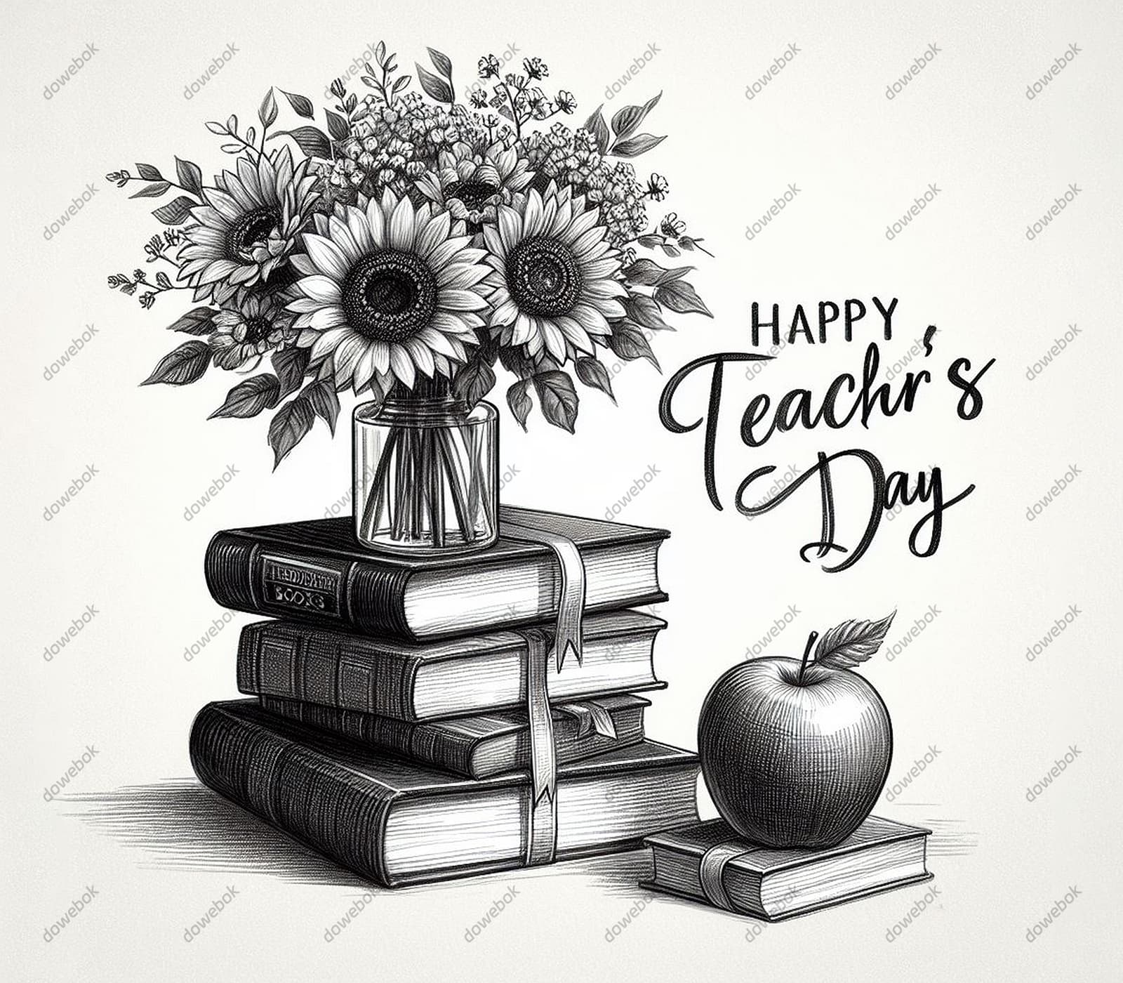 黑白风格的花朵和书本等设计教师节快乐图片素材(JPG)