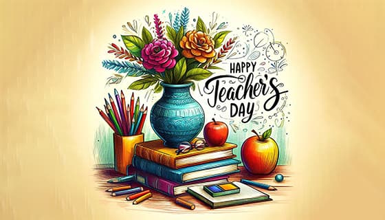 手绘花朵书本铅笔等设计教师节快乐图片素材(JPG)