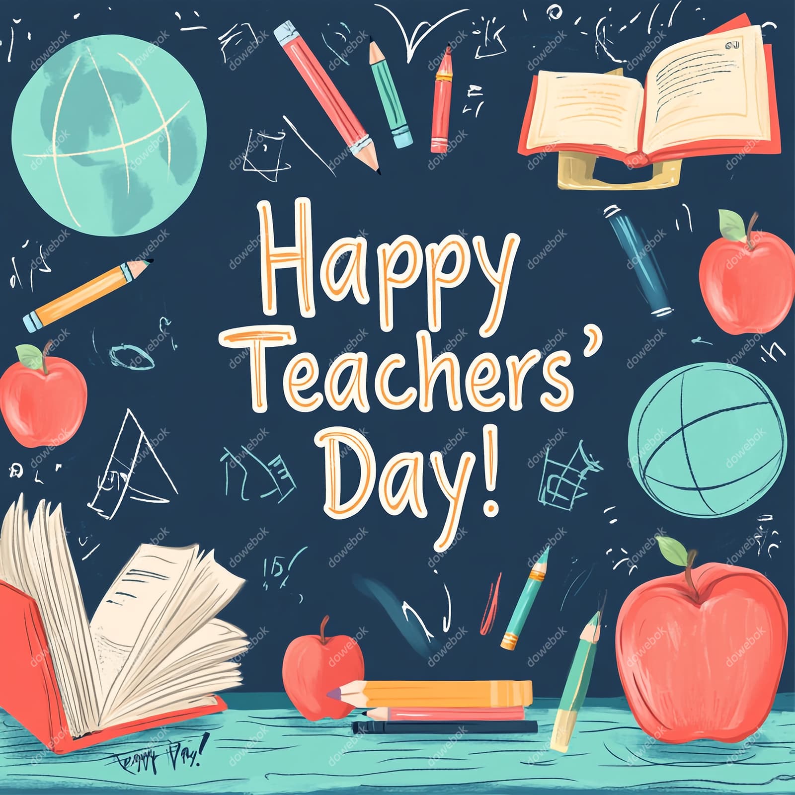 手绘地球书本铅笔等设计教师节快乐图片素材(JPG)