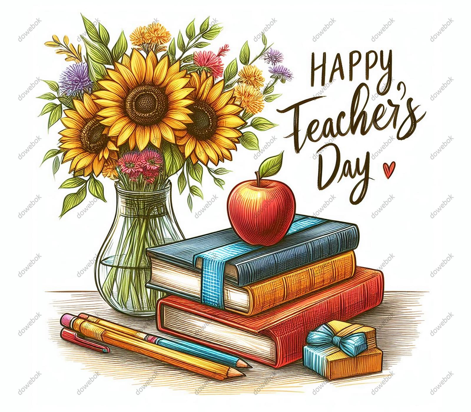 手绘花朵书本等设计教师节快乐图片素材(JPG)