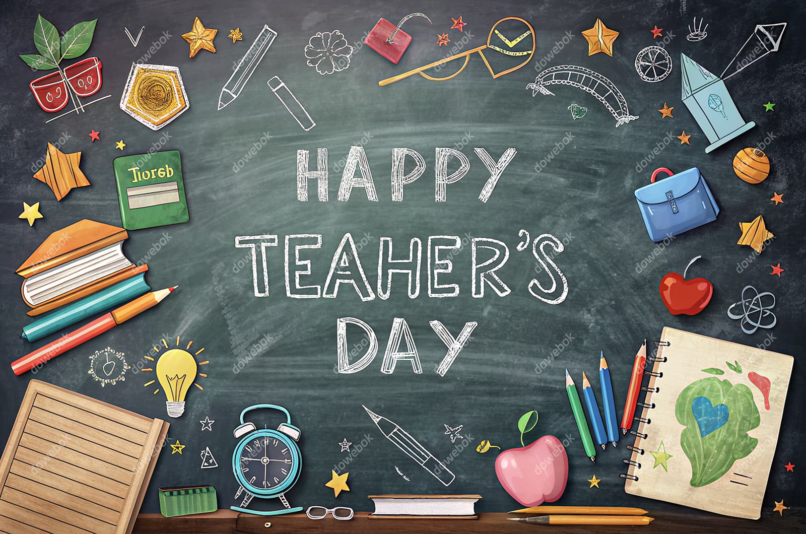 黑板上的各种元素设计教师节快乐图片素材(JPG)