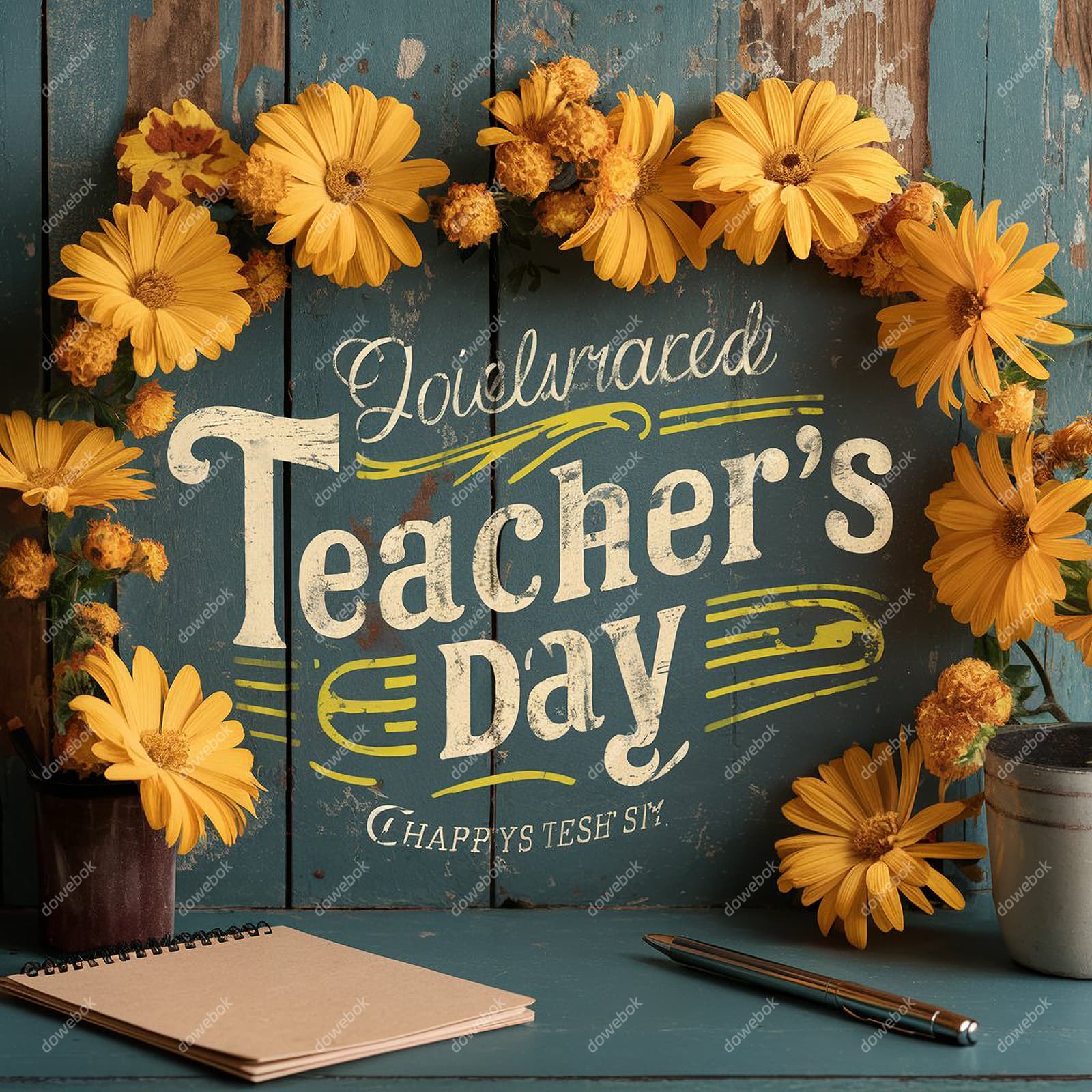 木板上的黄色菊花设计教师节图片素材(JPG)