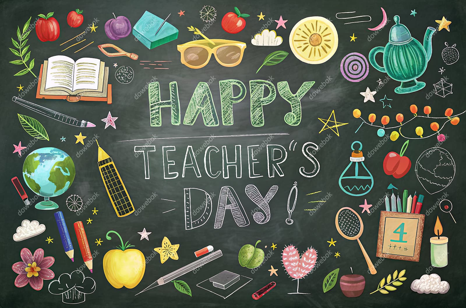 黑板上绘制各种元素设计教师节快乐图片素材(JPG)