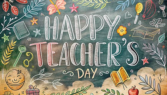 黑板上绘制各种元素设计教师节快乐图片素材(JPG)