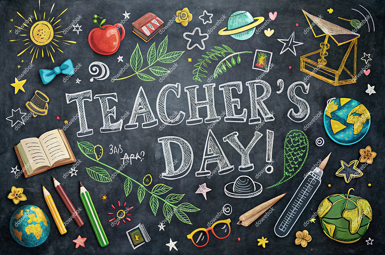 黑板上绘制各种元素设计教师节快乐图片素材(JPG)