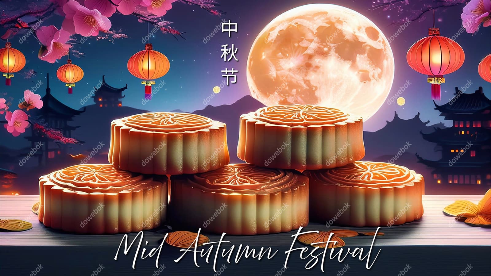 月饼月亮和灯笼设计中秋节图片素材(JPG)