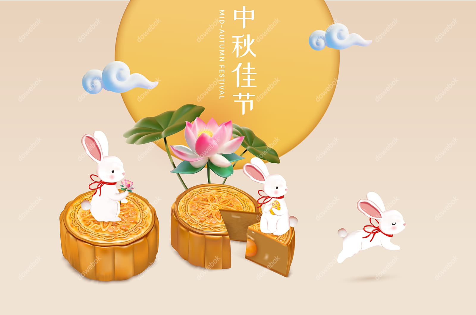 月饼兔子和荷花设计中秋节矢量素材(EPS)