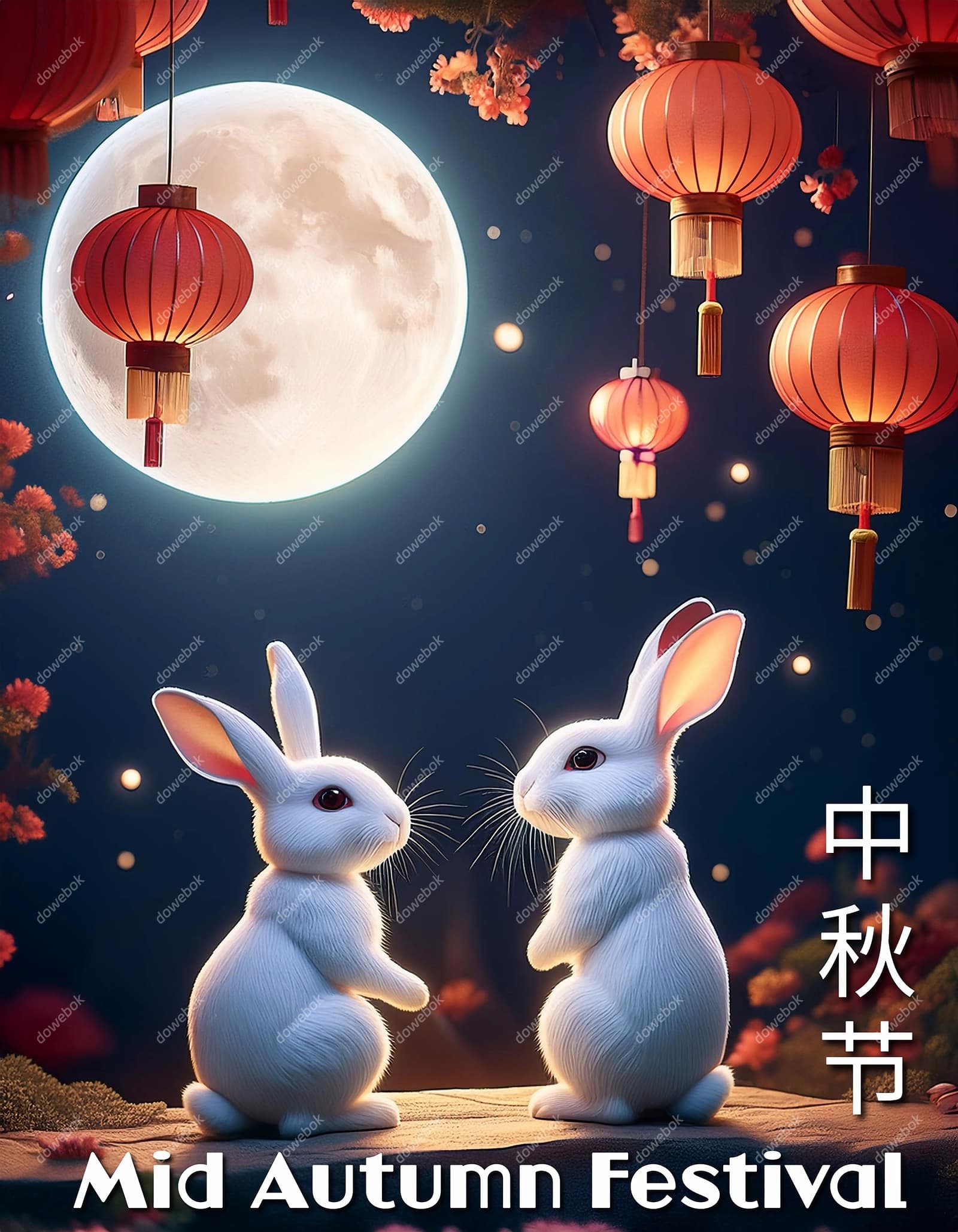 月亮照耀着两只兔子设计中秋节海报图片素材(JPG)