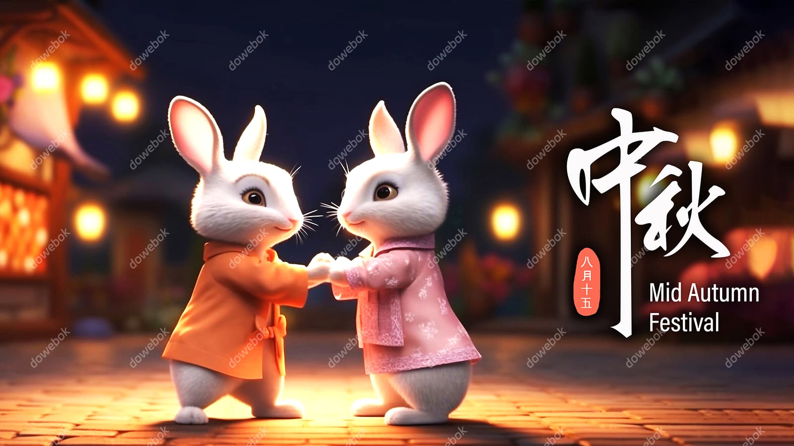 两只面对面牵手的兔子设计中秋节图片素材(JPG)