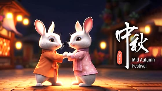 两只面对面牵手的兔子设计中秋节图片素材(JPG)