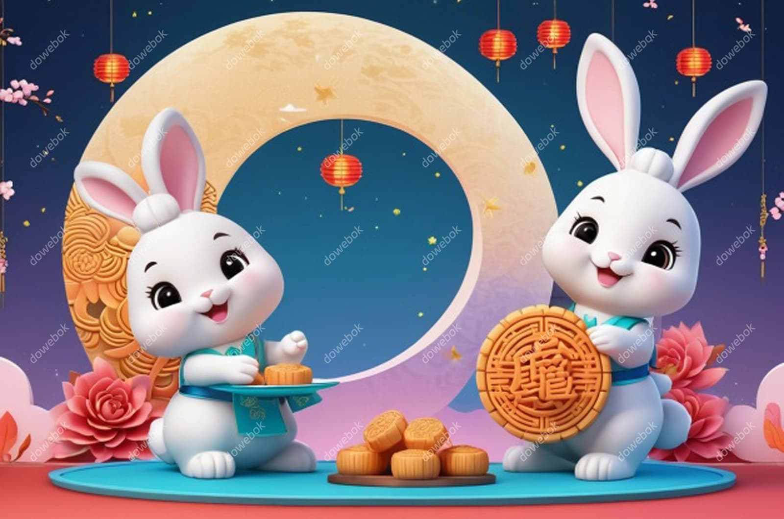 两只拿着月饼的兔子设计中秋节图片素材(JPG)