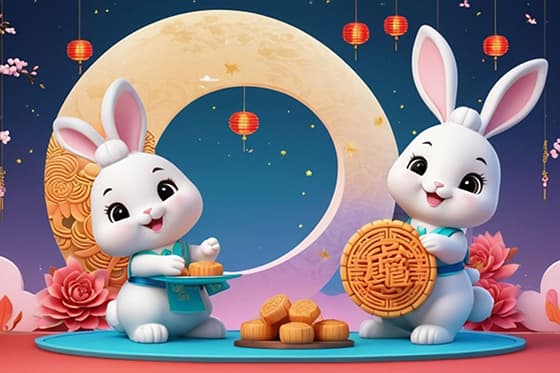 两只拿着月饼的兔子设计中秋节图片素材(JPG)