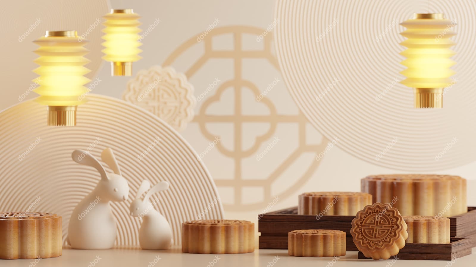 3D 风格的兔子和月饼设计中秋节图片素材(JPG)