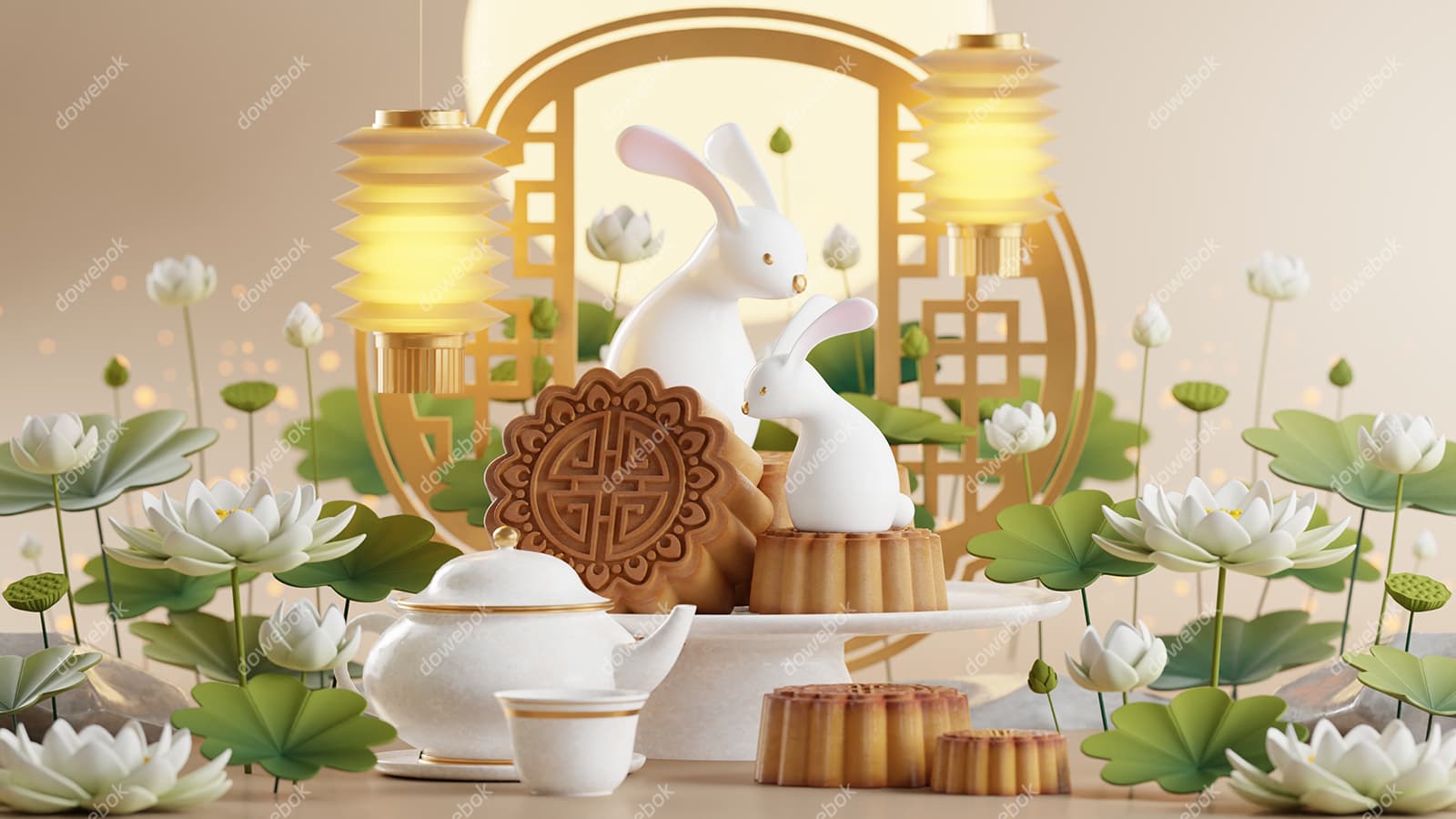 3D 风格的兔子月饼荷花设计中秋节图片素材(JPG)