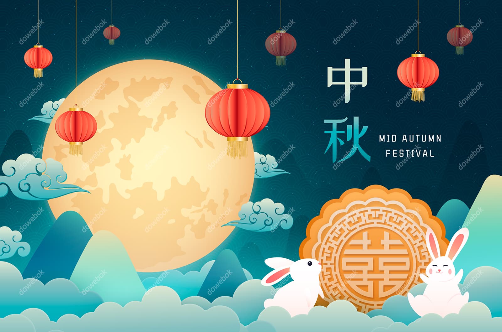 月亮月饼和灯笼设计中秋节矢量素材(AI/EPS)