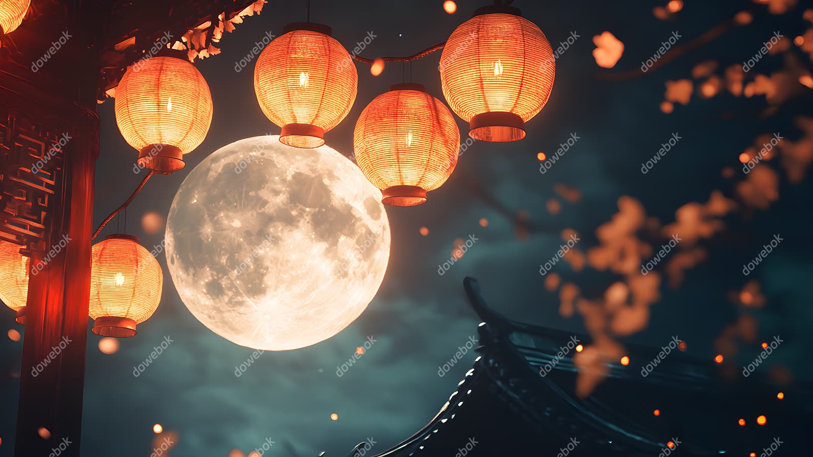 夜空中圆圆的月亮和屋檐下火红的灯笼图片素材(JPG)