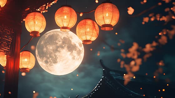 夜空中圆圆的月亮和屋檐下火红的灯笼图片素材(JPG)