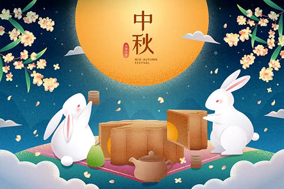 两只吃月饼赏月的兔子设计中秋节矢量素材(EPS)