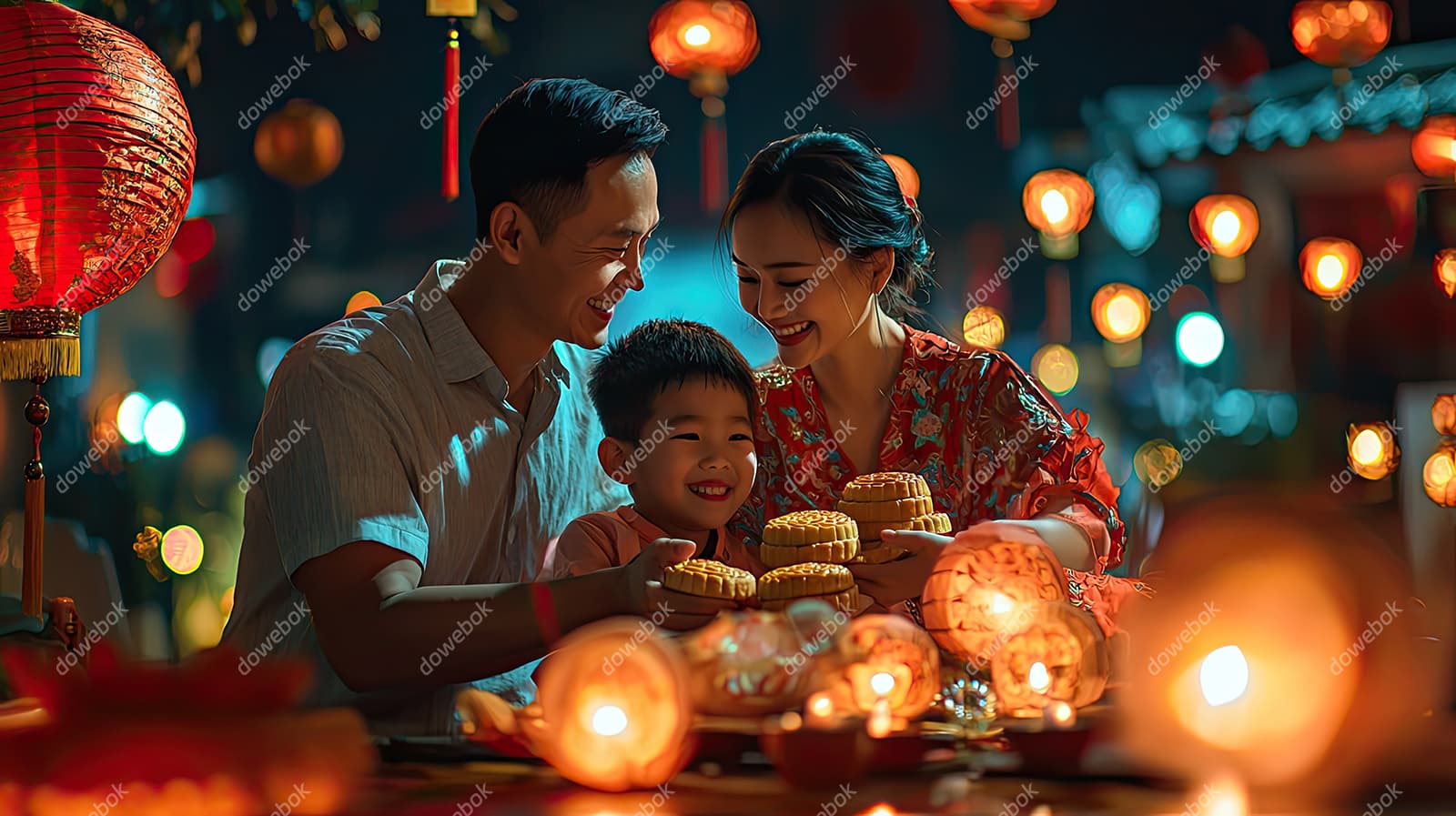 八月十五中秋之夜一家人在户外吃月饼庆祝中秋节图片素材(JPG)